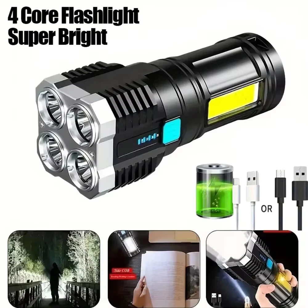 4-core Led Multi-functional Bright Flashlight COB Side Light Outdoor Portable Home USB Rechargeable Flashlight