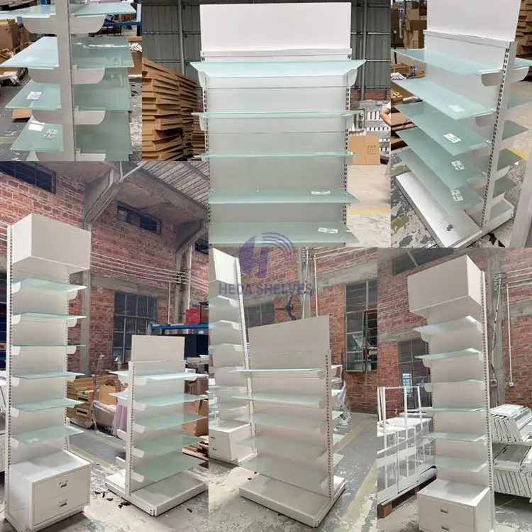 Glass Layer Board White Color Shelves Gondola Shelving Rack Laminate Showroom Display Rack Slatwall Shelves For Retail Store