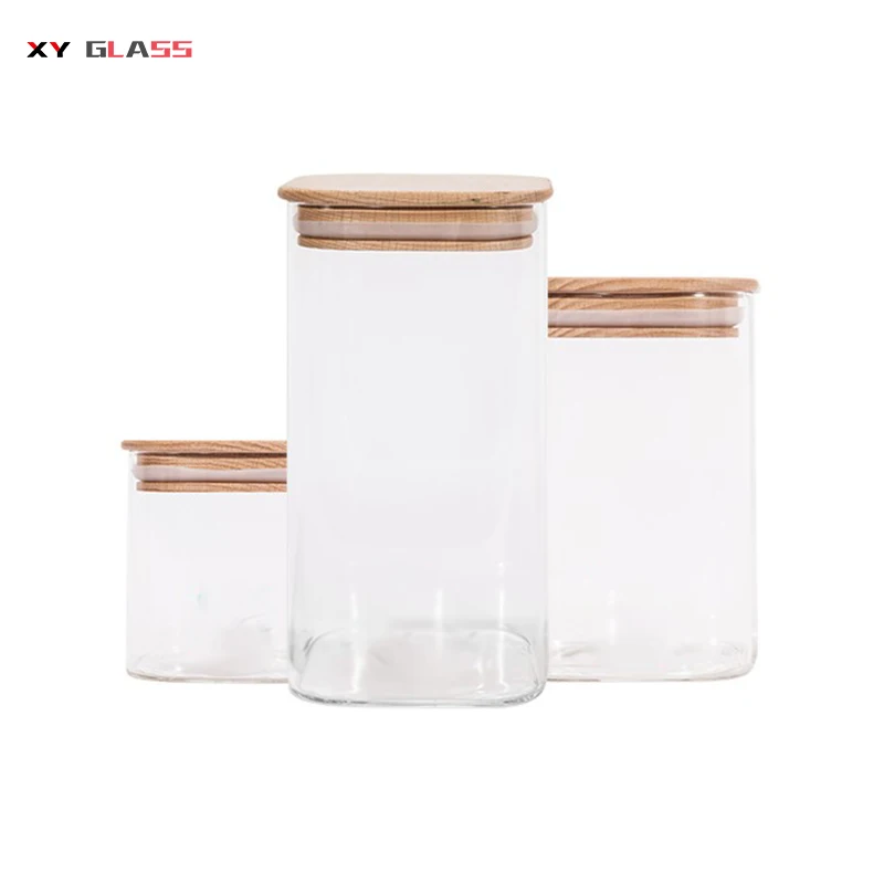 Квадратное высококачественное боросиликатное хранилище с бамбуковой крышкой банка из переработанного стекла
