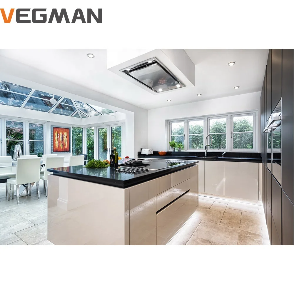 L shaped waterproof lacquer black white island smart modern style kitchen cabinet for commercial and home use