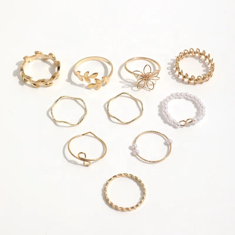 Bohemian Gold Color Flower Ring Set 10 pc Hollow Butterfly Pearl Heart Geometric Rings Finger Simple Jewelry Set