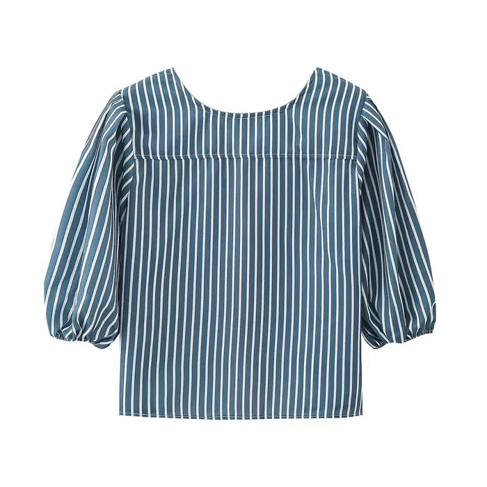 CS060 New 2024 European Design Chic Striped Print Bow Knot Shirt Women Summer Crop Top Blouse 6