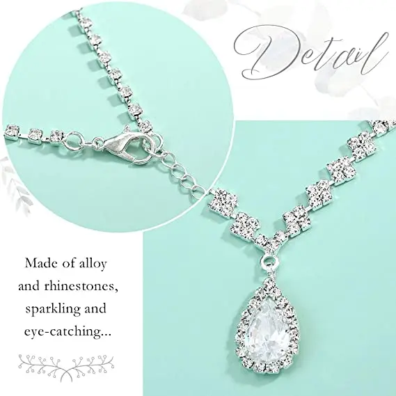 Bride Silver Necklace Earrings Set Crystal Bridal Wedding Jewelry Sets Rhinestone Choker Necklace Jewelry for Women and Girls