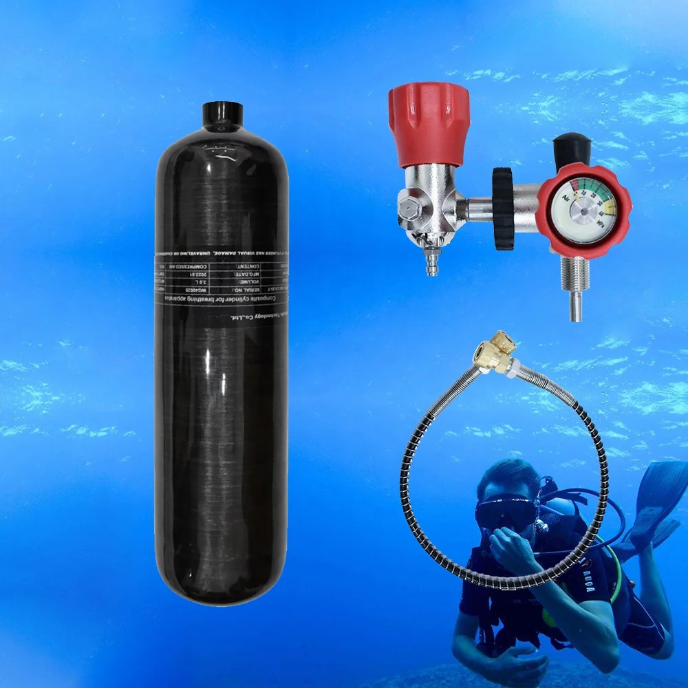 TUXING 3L CE 30MPA 4500Psi High Pressure 300BAR Scuba Breathing Diving Snorkeling PCP Carbon Fiber Air Tank With Red Valve Gauge