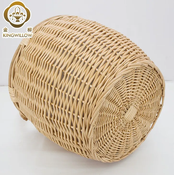 Round Wicker Picnic Basket With Wood Lid And Put Down Handle Storage Baskets