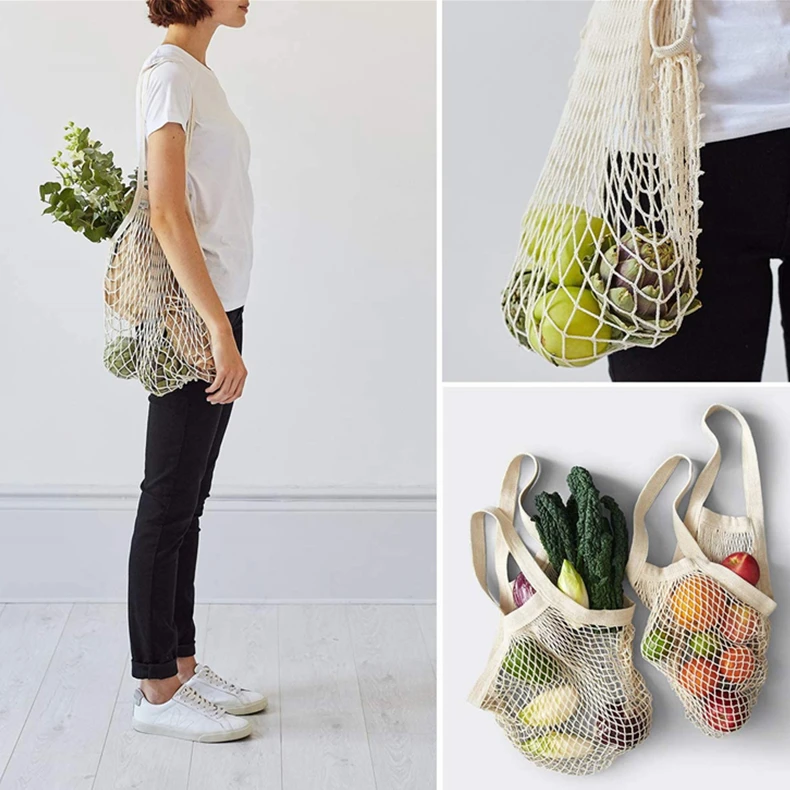 Reusable Grocery Bags Cotton, Zero Waste Farmer Market Fruit and Vegetable Bag, string Mesh Shopping Net Bag beach bag mesh