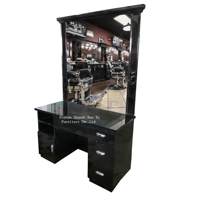 BS02 black barber table with mirrors barber station with bowl