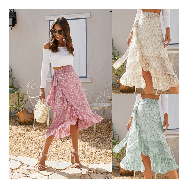 
2021 spring flower cotton wrap skirt floral summer assymmetrical skirt women maxi skirt 