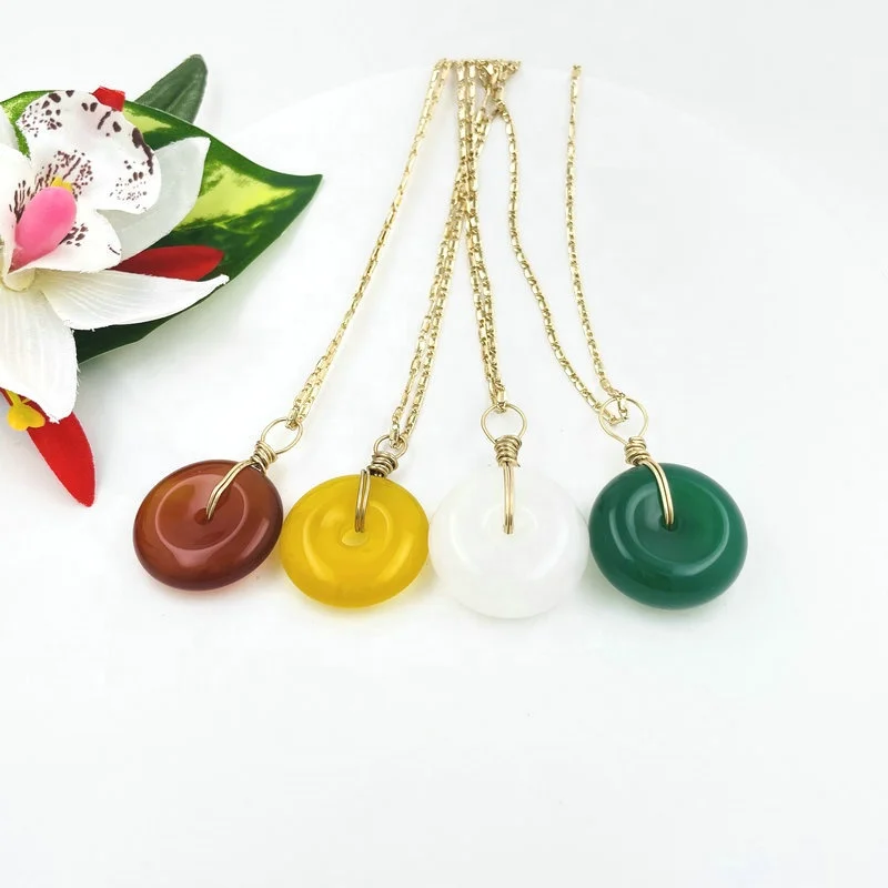 Jade pendant necklace agate nature stone jewelry for women kid and young girl with chain ruby green topaz brown pink white opal