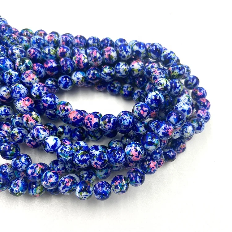 Factory Wholesale Navy Blue round Picture Beads 6mm 8mm 10mm Loose Glass Crystal Lampwork Beads for Necklace Making