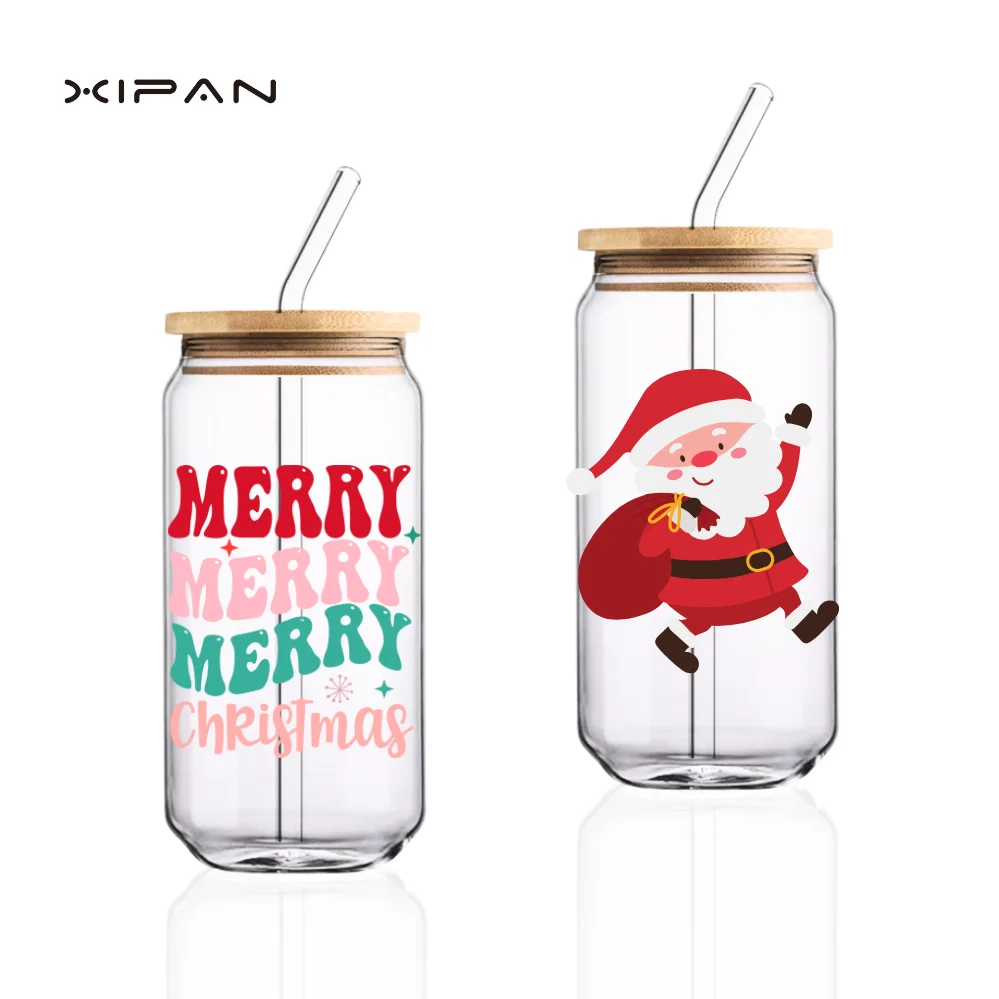 Free Sample Christmas Custom Beer Can Shaped Glass with Lids and Straws for Men 16oz Cups Mugs Classic Gifts Wholesale Barware