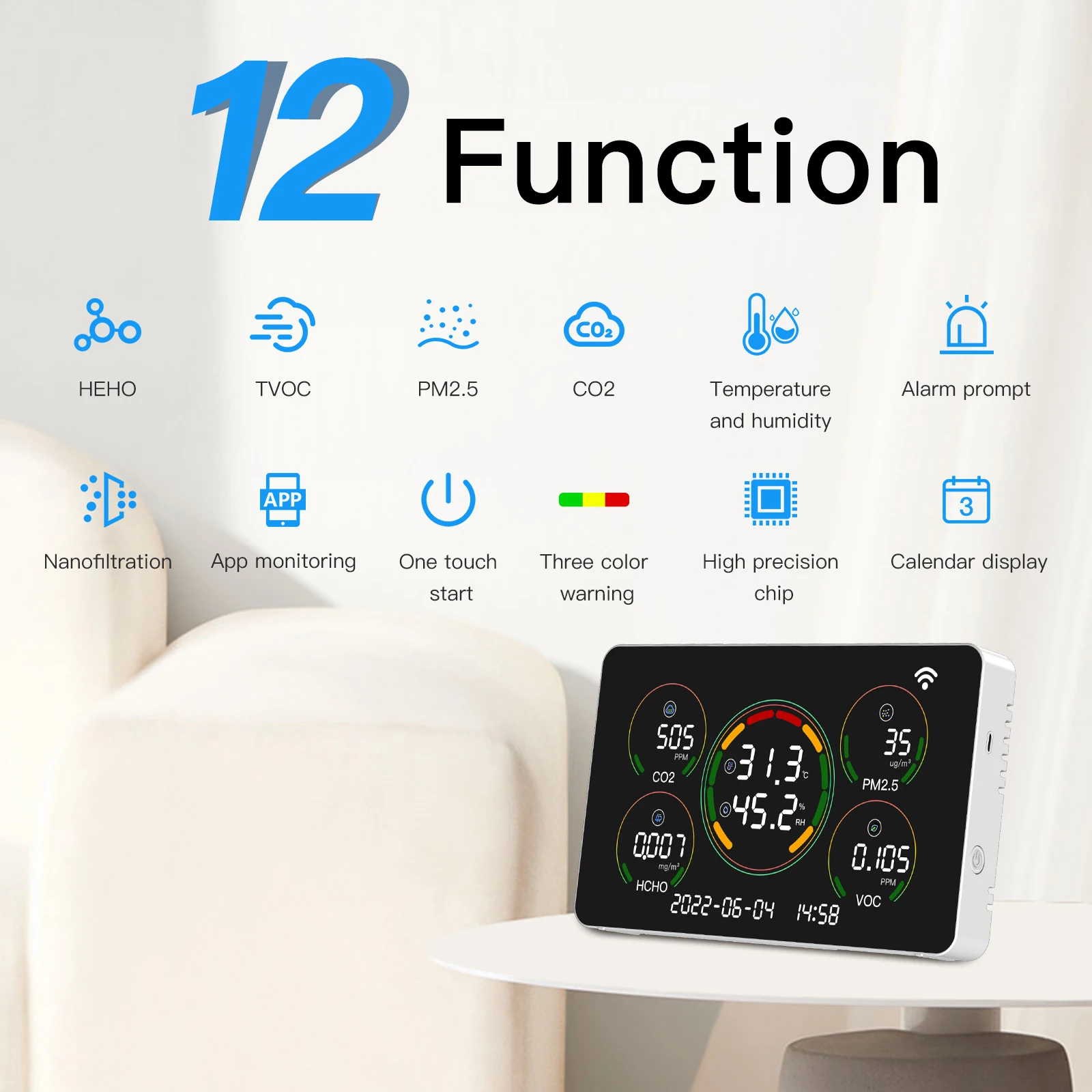 7 in 1 Indoor Air Quality Monitor High Accuracy CO2 Detector Pm2.5 TVOC HCHO Tester Temperature and Humidity Meter