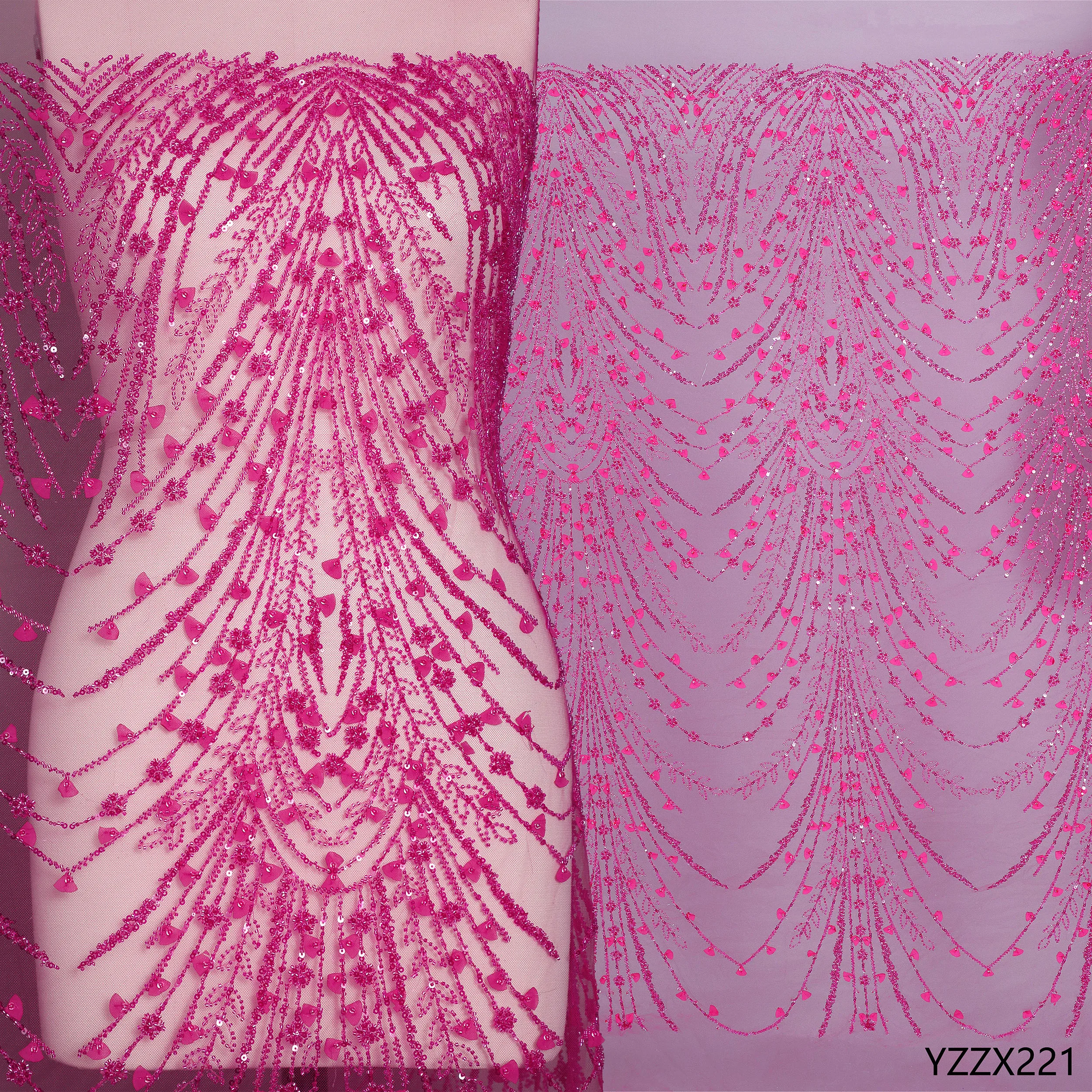 ZX221-1  Fuchsia Purple Laser cut beaded luxury fabric, tulle beading lace fabric with chiffon