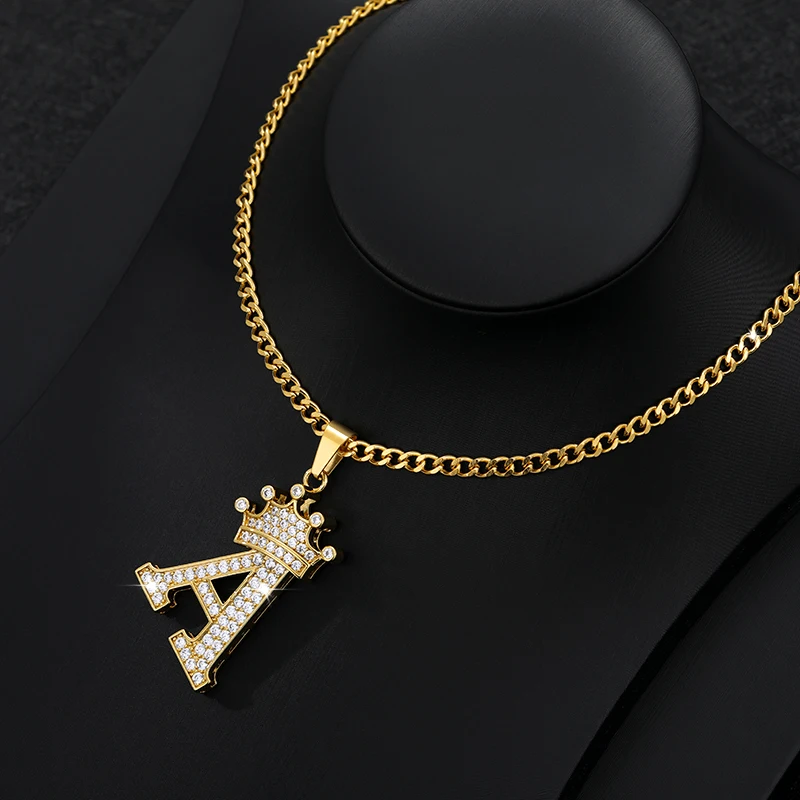 Crystal Zircon Alphabet Pendant Necklaces Crown Initial Letter Necklace Goth Chain Vintage Jewelry Stainless Steel For Women Men