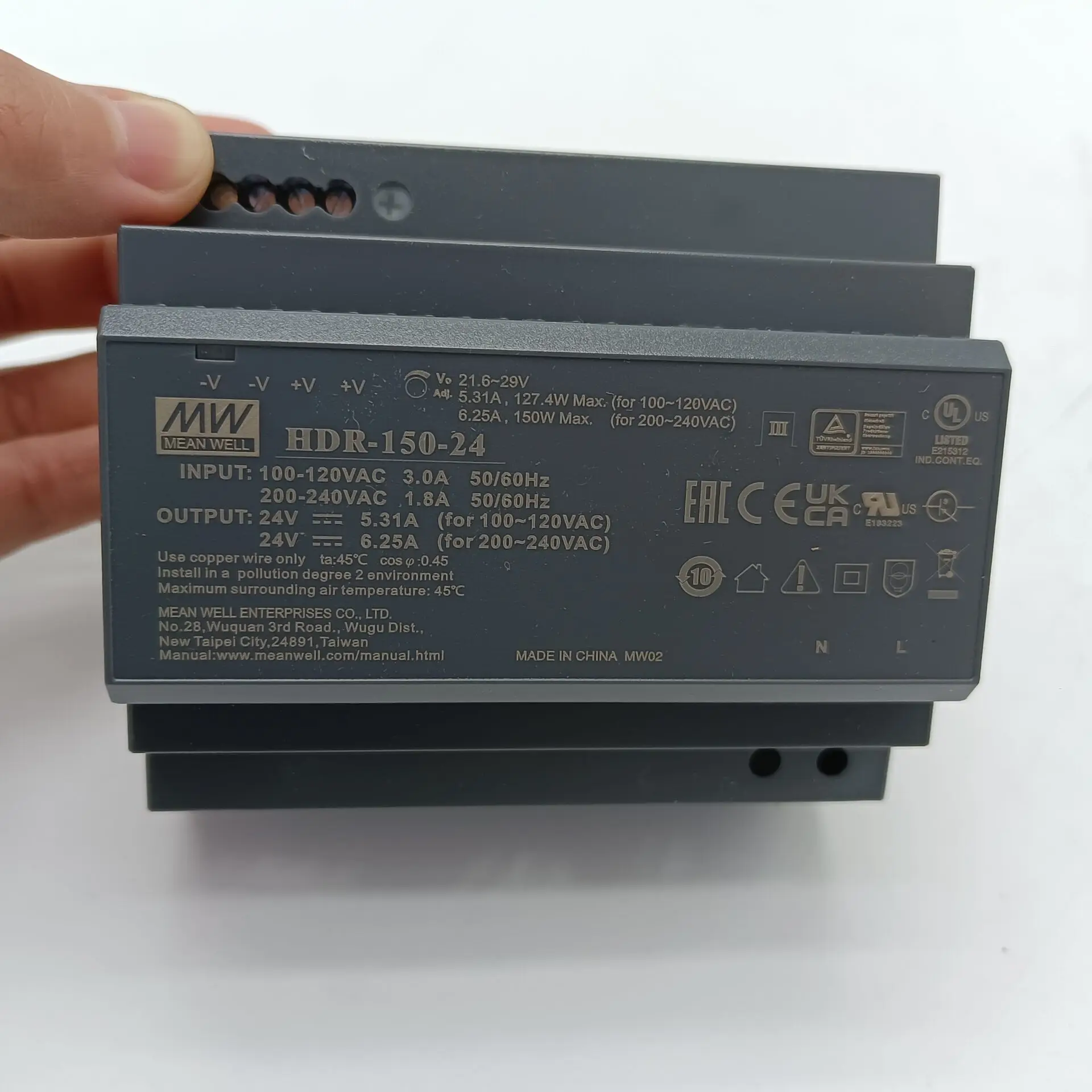 SMPS Original Meanwell HDR-150-24 AC-DC Ultra Slim DIN Rail switching power supply 24v 150w Dc output voltage is adjustable