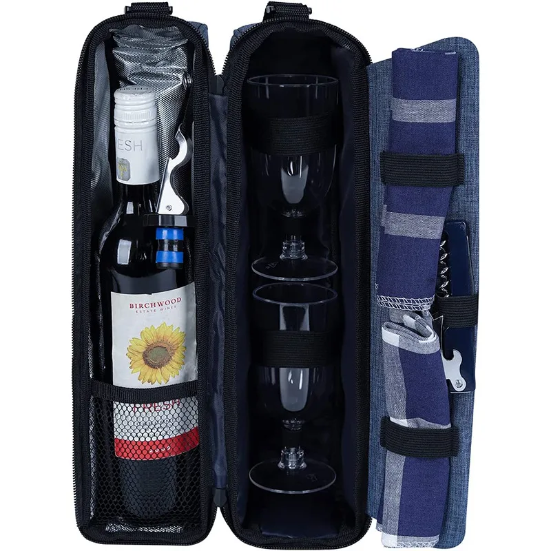 Wine Tote Bag with Cooler Compartment Picnic Wine And Two Glasses Holder Carrier Bags For Wine Lovers Gift