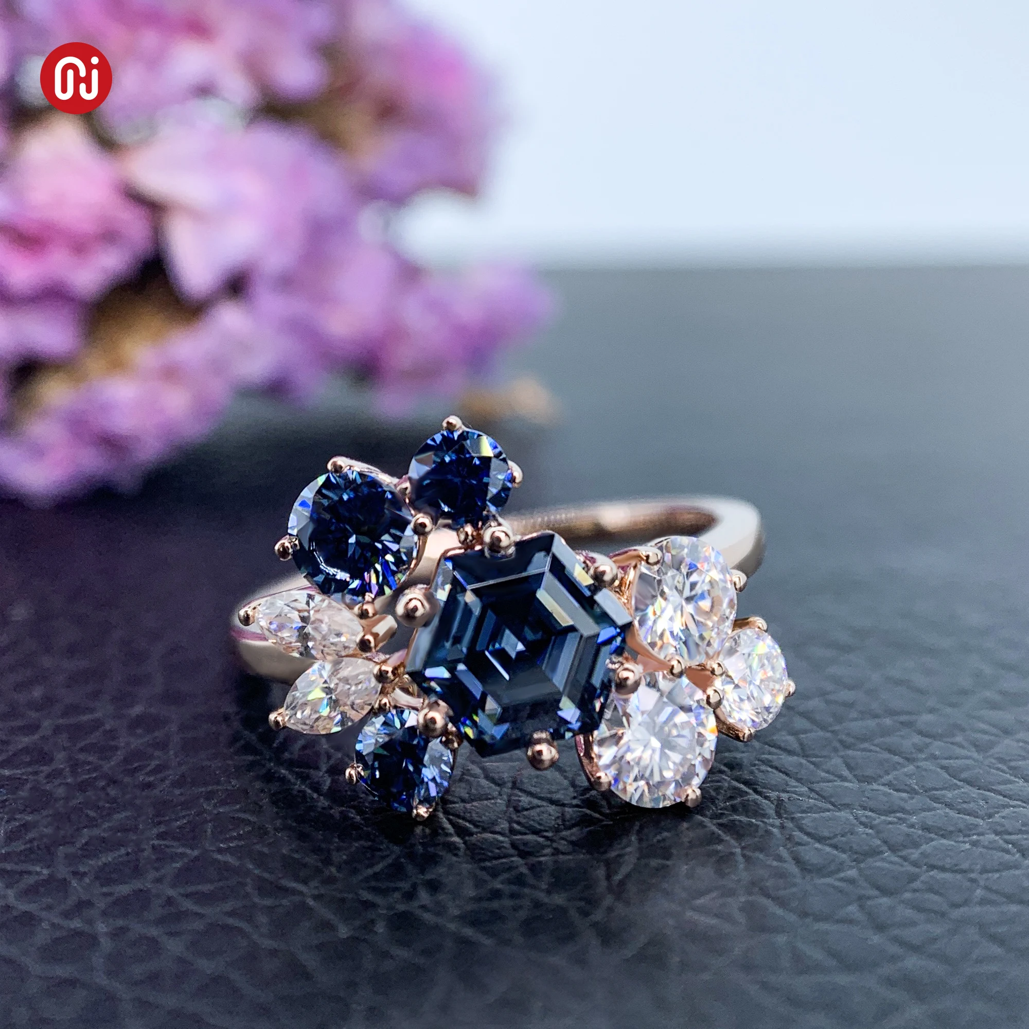 GIGAJEWE total2ct Vivid Blue color 6mm Hexagon Cut Ring Moissanite 9K/14K/18K Rose Gold  Moissanite Ring Customize Jewelry