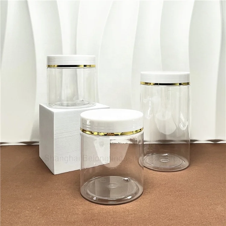 IBELONG 50ml 100ml 4 OZ 150ml 8oz 250ml 500ml Empty Clear PET Plastic Jars for Food Packaging with White Lid with Gold Rim