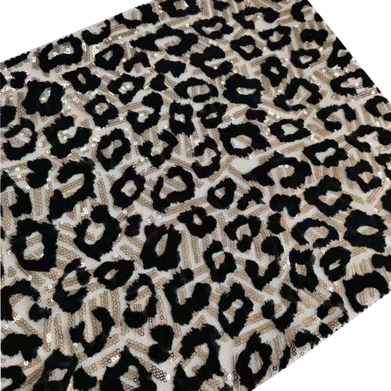 New  fashion leopard print design mesh fabric sequin with flocking embroidery fabric for garment