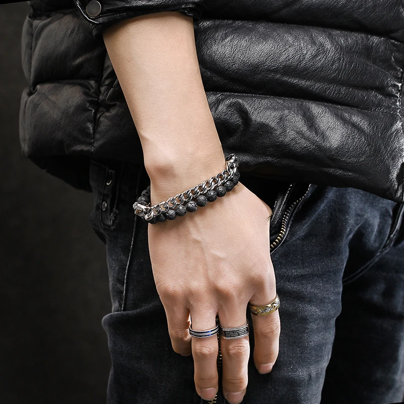 Оптовая продажа, мужской браслет KALEN 4 вида цветов из вулканической лавы с бусинами черепа с цепочкой из нержавеющей стали 316L, дизайнерские ювелирные изделия