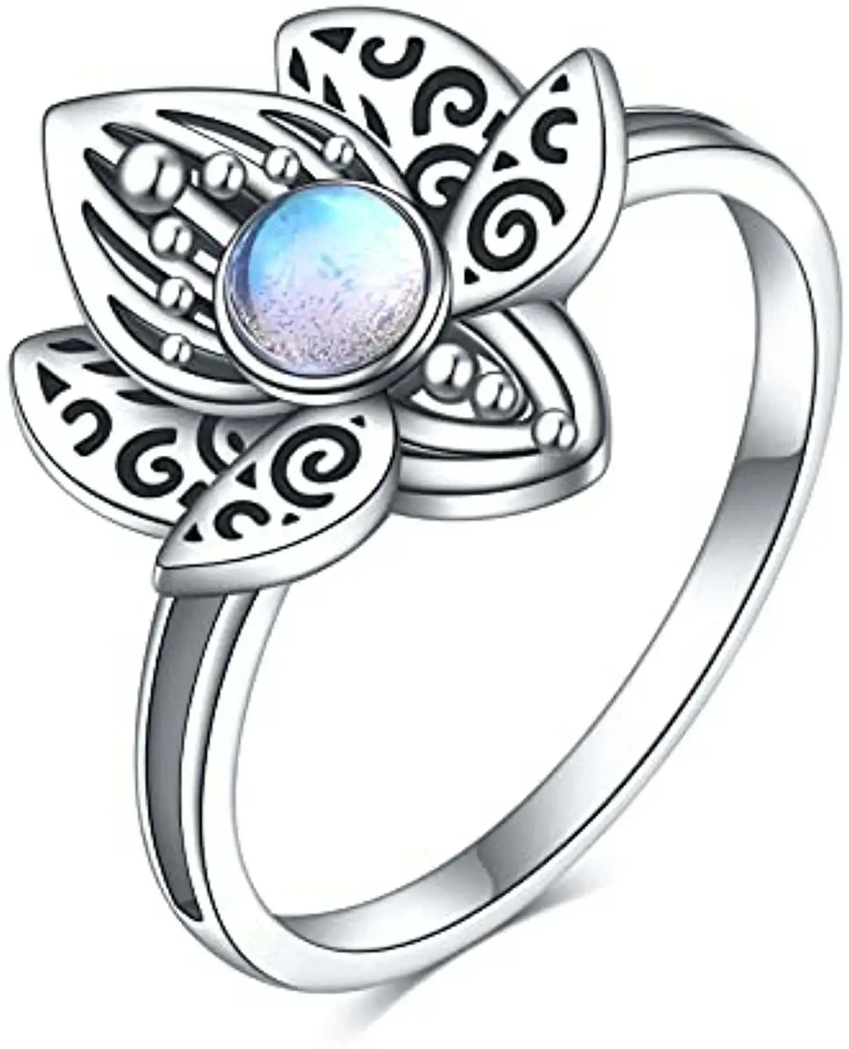 Women Jewelry Gifts New Design Sterling Silver Moonstone Synthetic Lotus Flower Ring