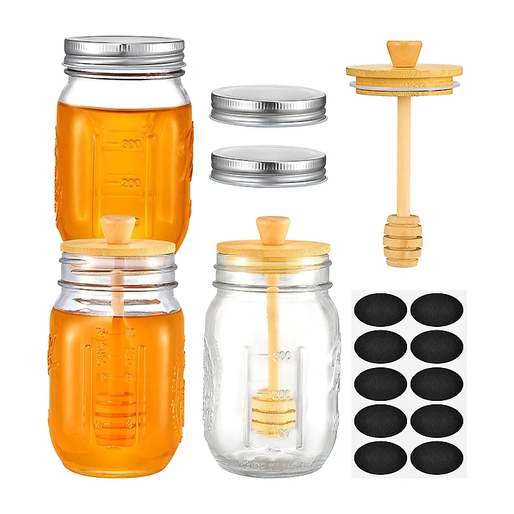 New Arrival Design Hot Selling Round Wide Mouth Mason Jar Empty 16oz Sealed Container Glass Jar For Honey With Dipper