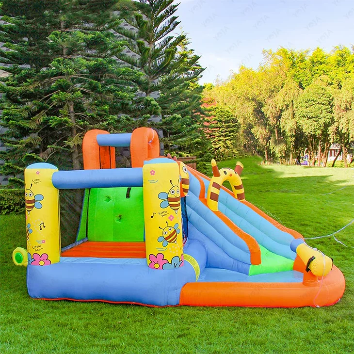 Cute Little Bee Design Inflatable Climbing Water Slide Bounce House with Spray Water Pool and Blower for Kids Outdoor Party Fun