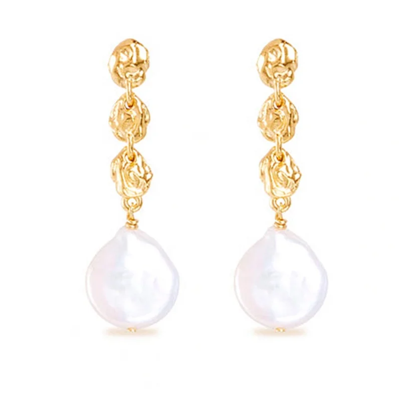 Milskye chic fine jewelry 925 sterling silver 18k gold plated natural drop coin freshwater pearls stud earring
