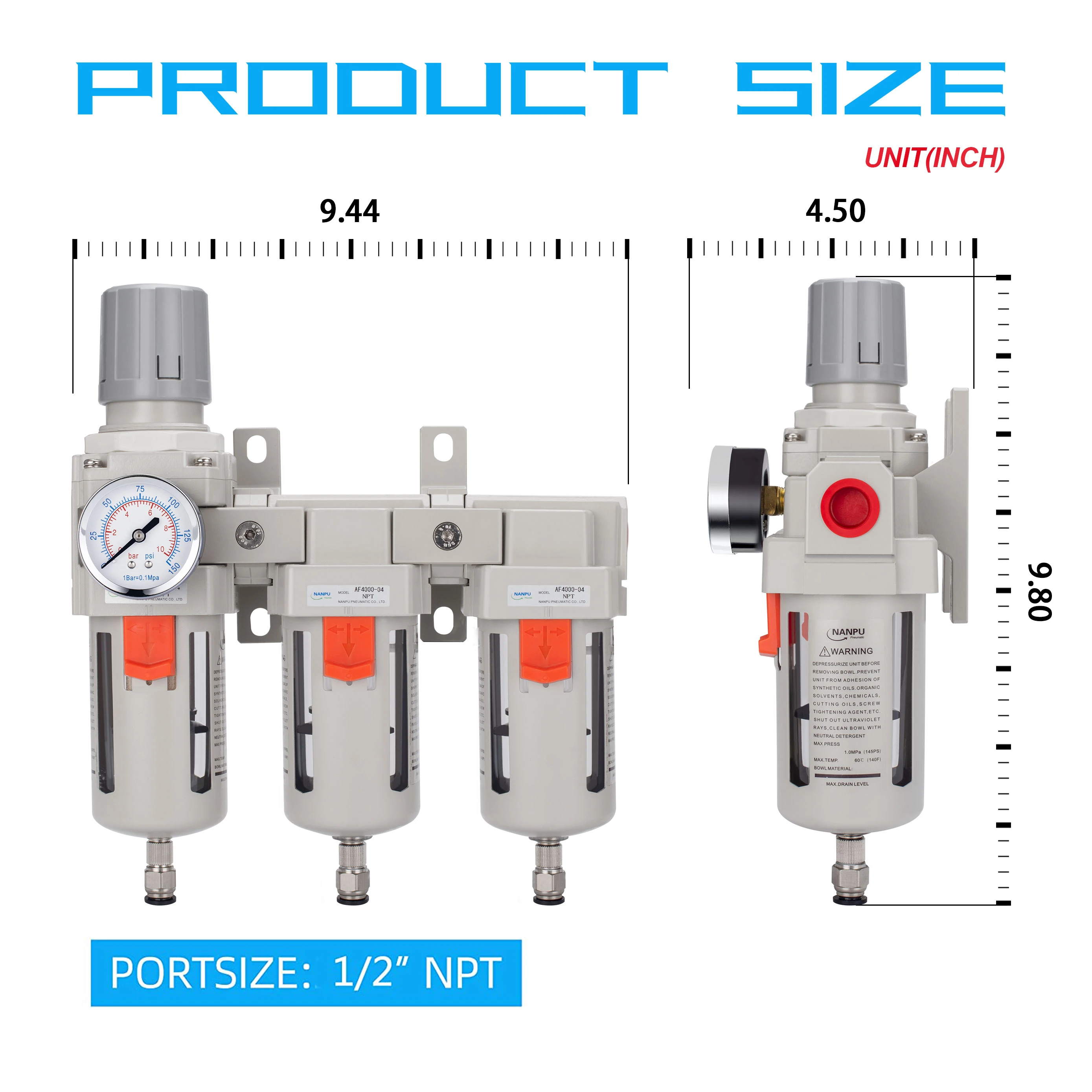 NANPU Three Stage Air Treatment Unit - 5 Micron Particulate Filter, 0.5-0.01 Micron Coalescing Filters, Air Pressure Regulator