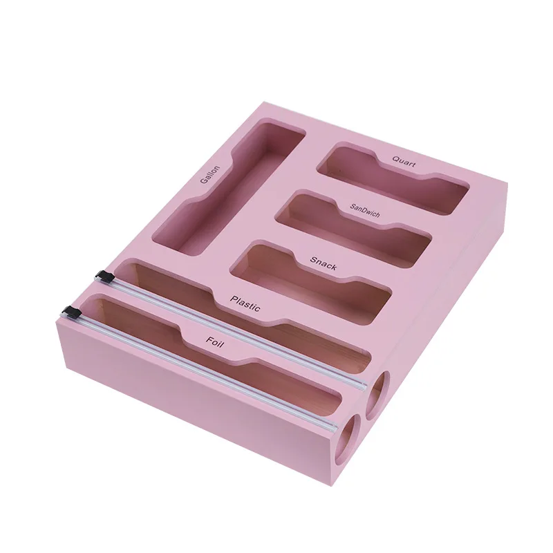 Plastic Wrap Dispenser with Cutter and Ziplock Bag organizer,9 IN 1 Bamboo Ziplock Bag Storage Organizer for Kitchen Drawer