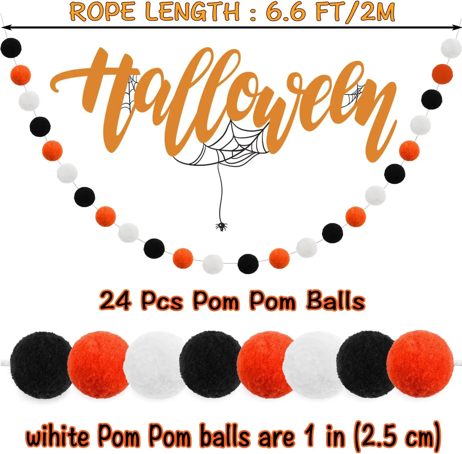 Halloween Indoor Room Decor Cute Hanging Orange Black Pompom Bead Ornament String  Felt Ball Pom Pom Garland