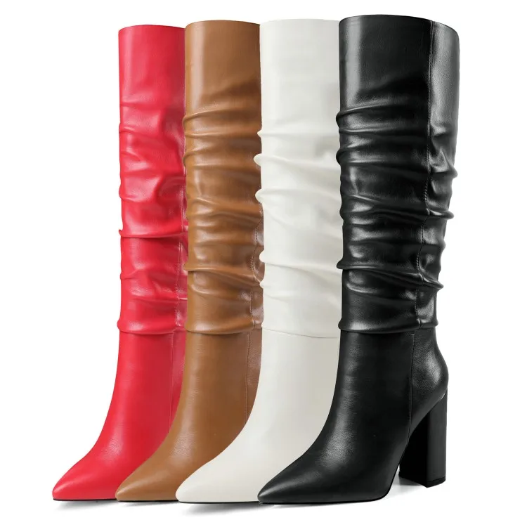 Botas Largas De Mujer Wrinkle Tube Fashion Women Knee-High Chunky Heel Boots