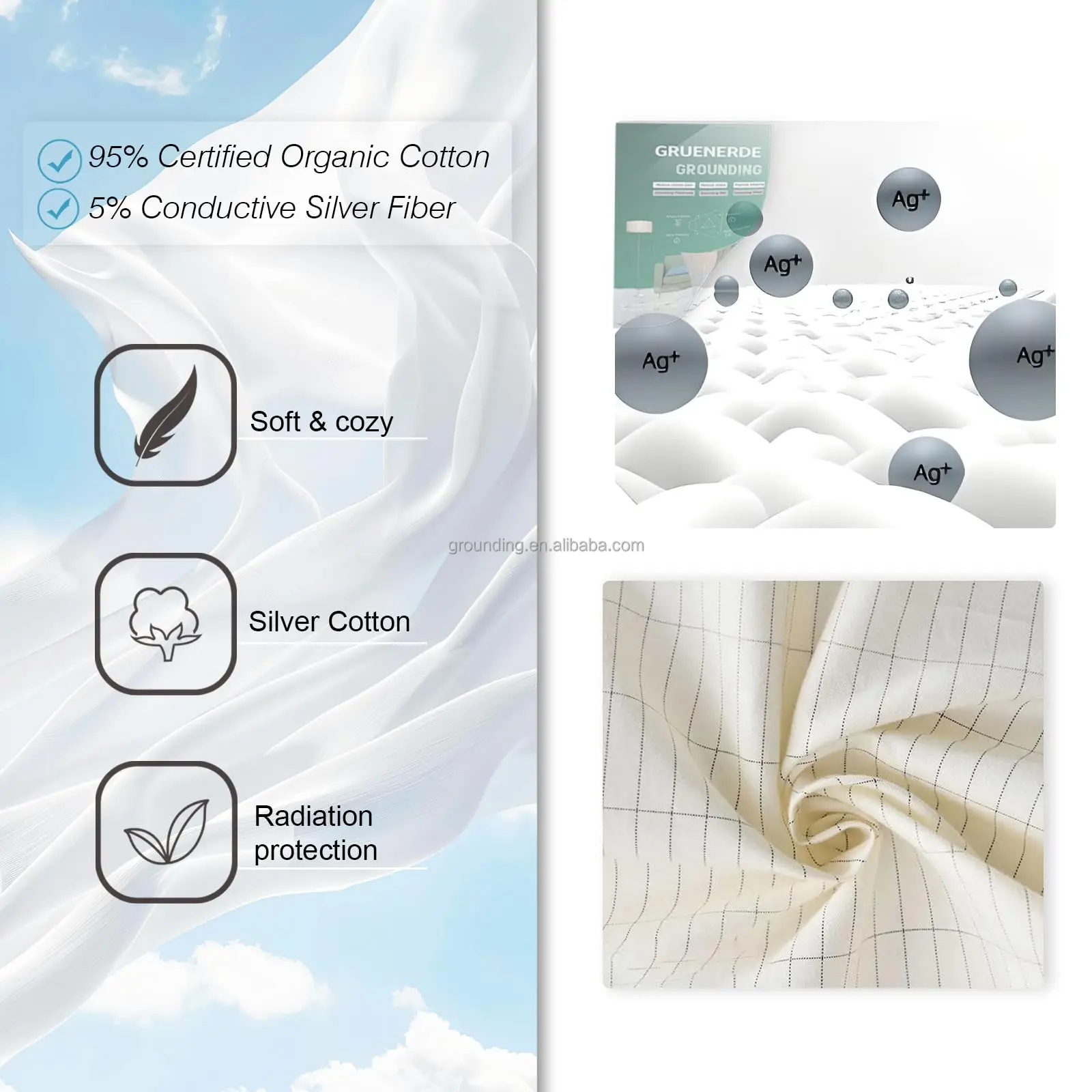 Pure Silver Thread Healthy Silver Cotton Earthing Esd Fitted Bed Sheet Without Connection Cord