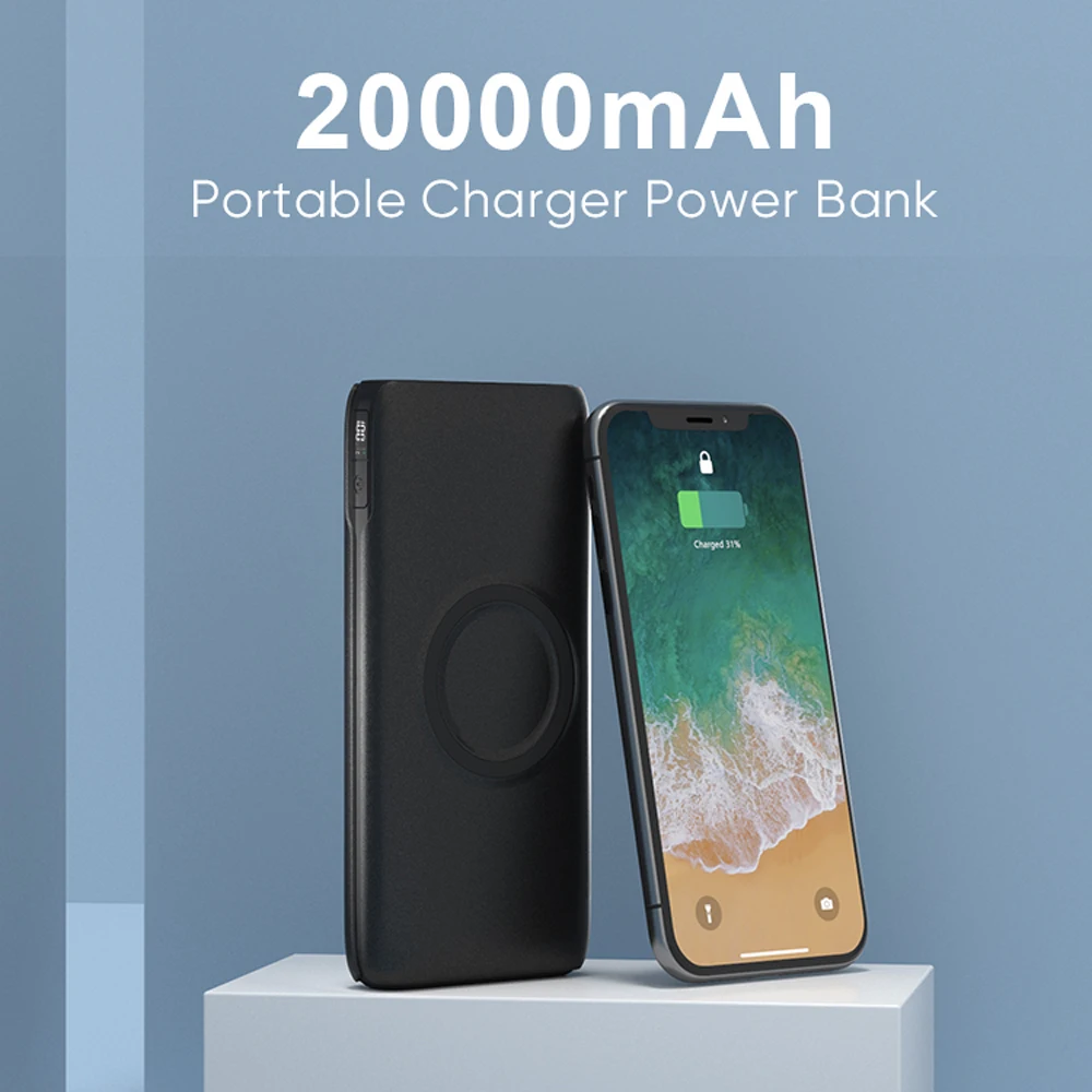Оптовая продажа литий-полимерный аккумулятор типа C двойной USB беспроводной внешний 20000 мАч светодиодный дисплей портативное зарядное устройство для мобильного телефона зарядные