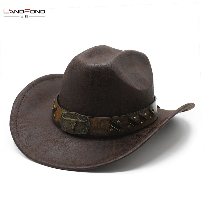 Landfond accessory suede cowboy hats for men and women vintage pu trim outdoor sunshade jazz  fedora hat