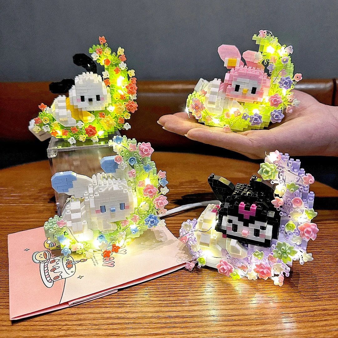 Kawaii Mini Building Block Model with Light Assembled Toys Anime kT Flower Moon Series Splicing Block Toys Desktop Decor Gift