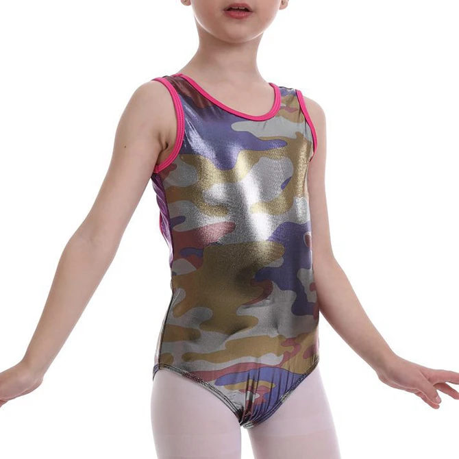 Girls Leopard Pattern Printed Camouflage Gymnastics Dance Ballet Leotards for Kids Stage Summer Sleeveless Tank Dance Wear