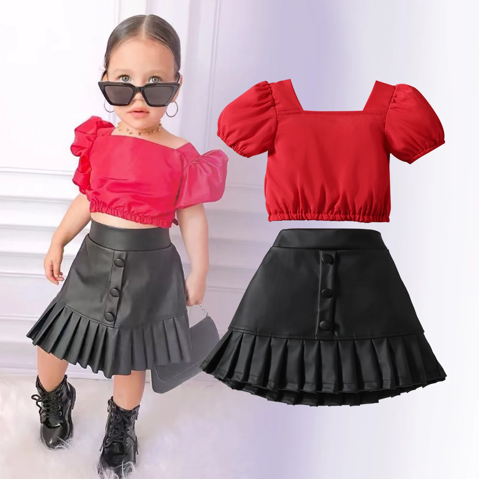 Hot Selling Fashion Kid Summer Outfits 1-6Y Short Puff Sleeve Solid T Shirts Tops Black PU Leather Skirt Girls Clothing Set