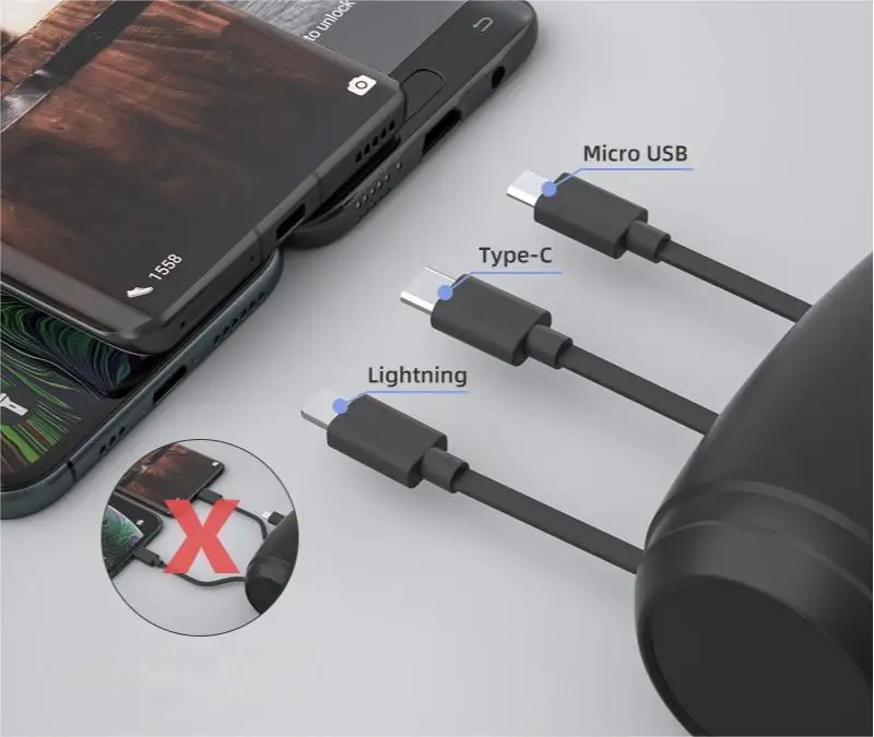 Retractable Car Charger 4 in 1 With 100W Car Fast Charger With Retractable Charging Cables