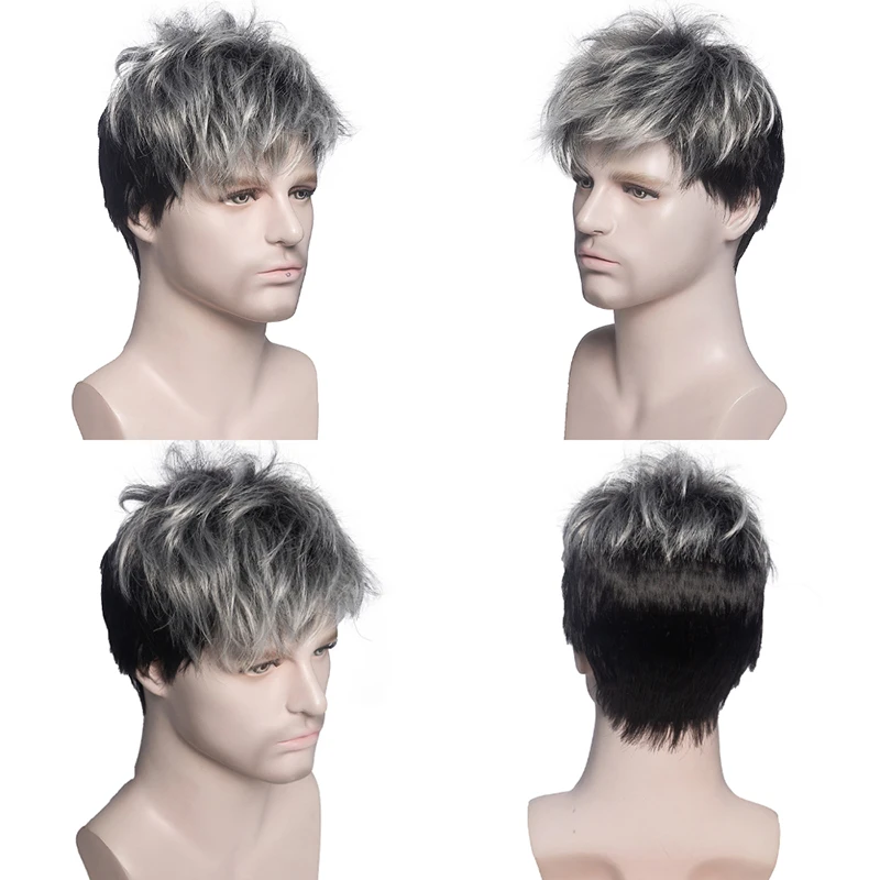 
Men Short Straight Wig Silver Grey Synthetic Wig for Male Hair Fleeciness Realistic Natural Wigs 