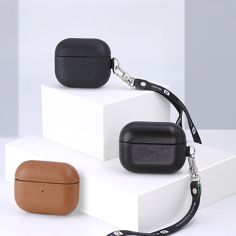 
 2021 Luxury Napa Pebble Genuine Leather Protective Case For Airpods pro With Buckle  