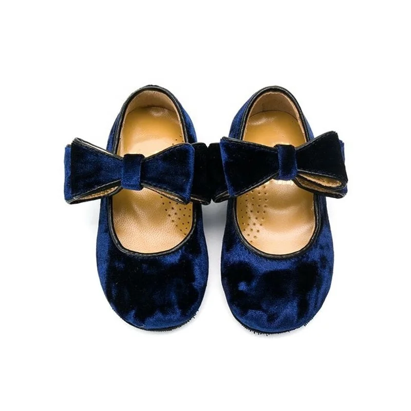 Flat Heel Round Toe Slip On Girls Blue Velvet Bow Embellished Ballerina Shoes For Kids