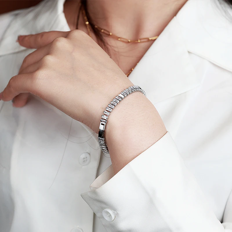Women Luxury Jewelry Link White Zircon CZ Stone Iced Out Baguette Lab Grown Diamond Tennis Chain Bracelets For Women