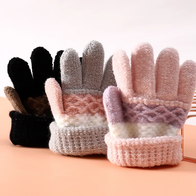 Cute Winter Striped Full Finger Knitted Warm Kids Children Mitten Glove for 3-8 Years Old Boys and Girls