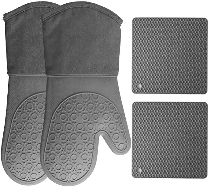Oven Mitt Set Silicone Kitchen Accessories - Extra Large Bbq Gloves Waterproof Silicone Cooking Long Gloves