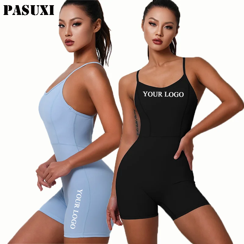 PASUXI OEM Wholesale Custom Logo One Piece Yoga Bodysuit Women Jumpsuit Rompers Biker Short Sport Outfit Bodycon Yoga Playsuit