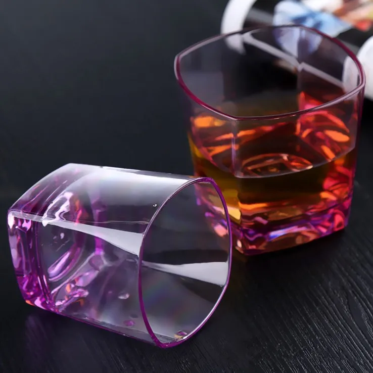 Promotional crystal cut whiskey glass machine made etched whiskey glass ice whiskey glass with color base