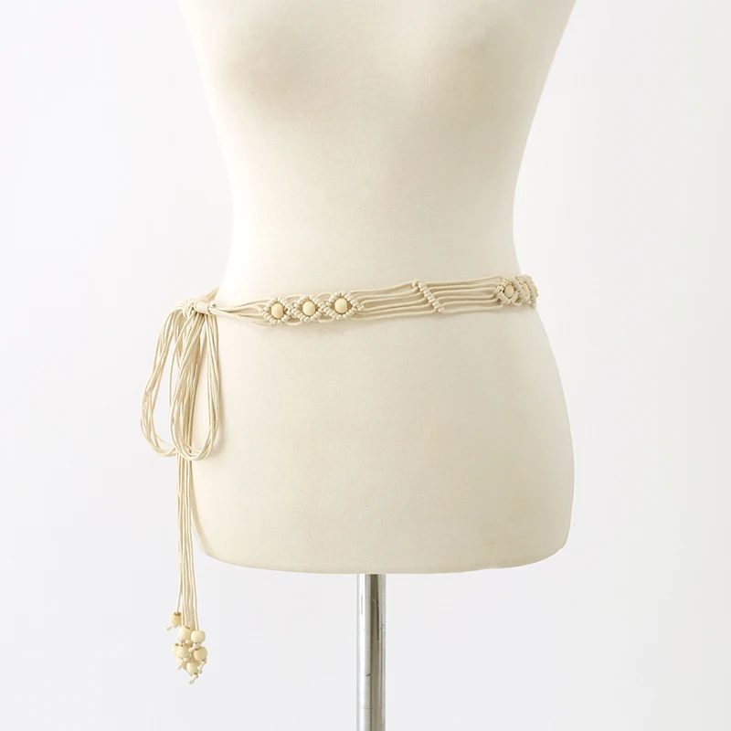 handmade braided cord belt with wood bead and fringe fashion belt
