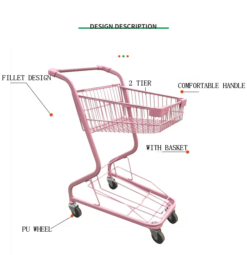 От производителя горячая Распродажа розовый металл 2-х уровневые тележка корзина с пластиковая для супермаркета и магазинов