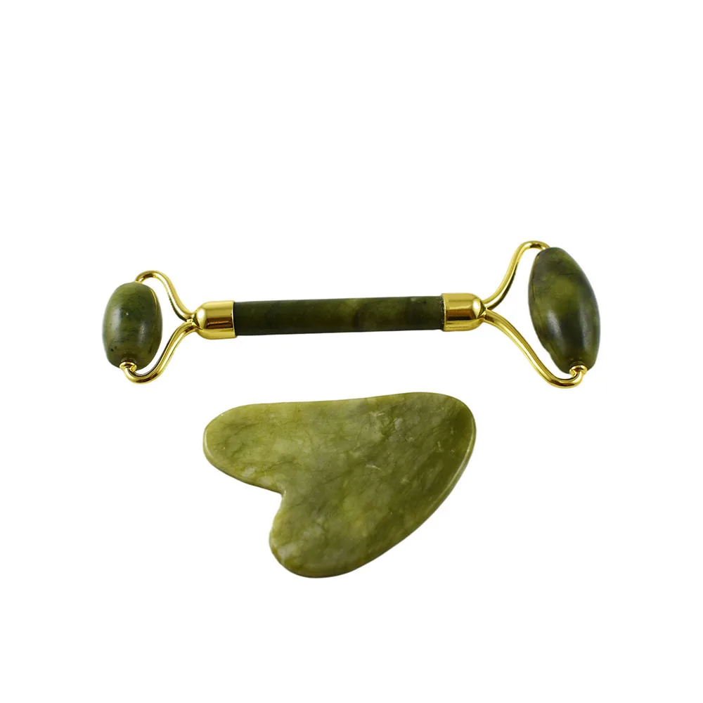 Wholesale Skin massage Body Scrapping Green Jade Roller Gua Sha Set Face Massage Jade Roller